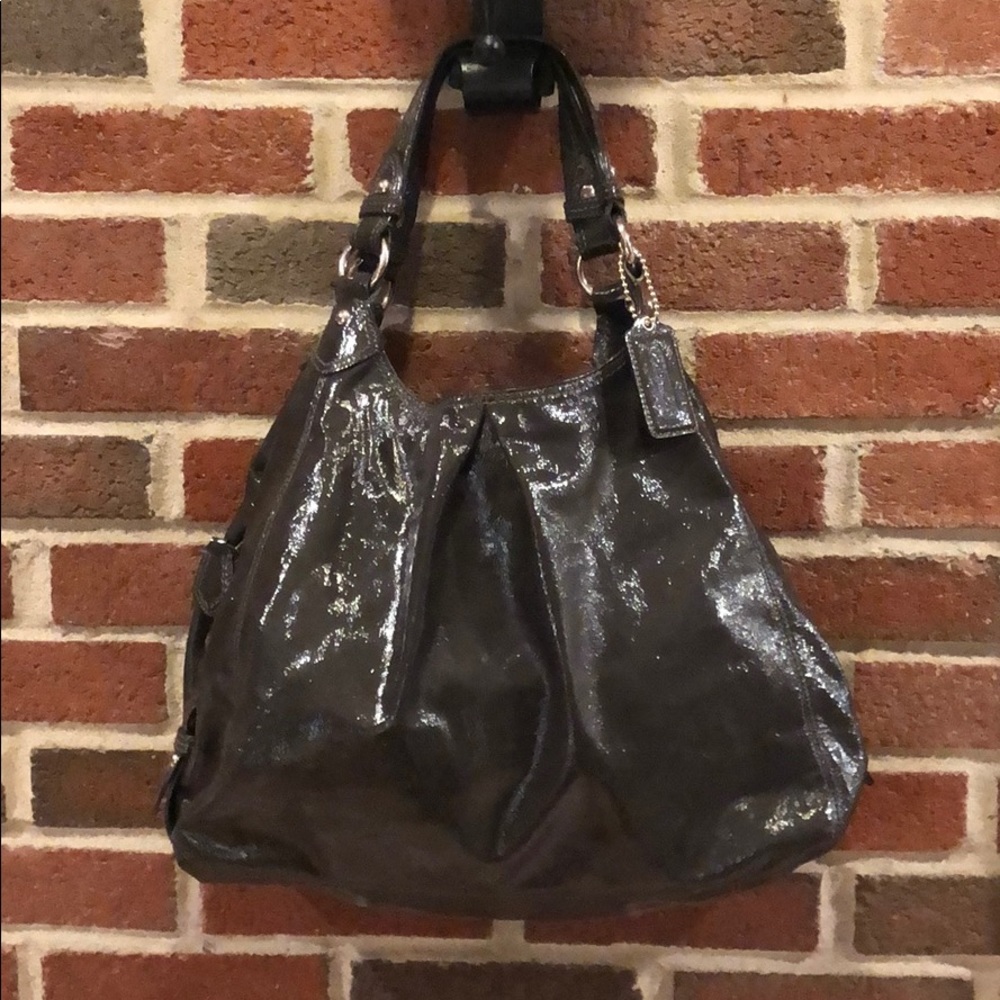 Coach XL Maggie Gunmetal Patent Leather Hobo Bag